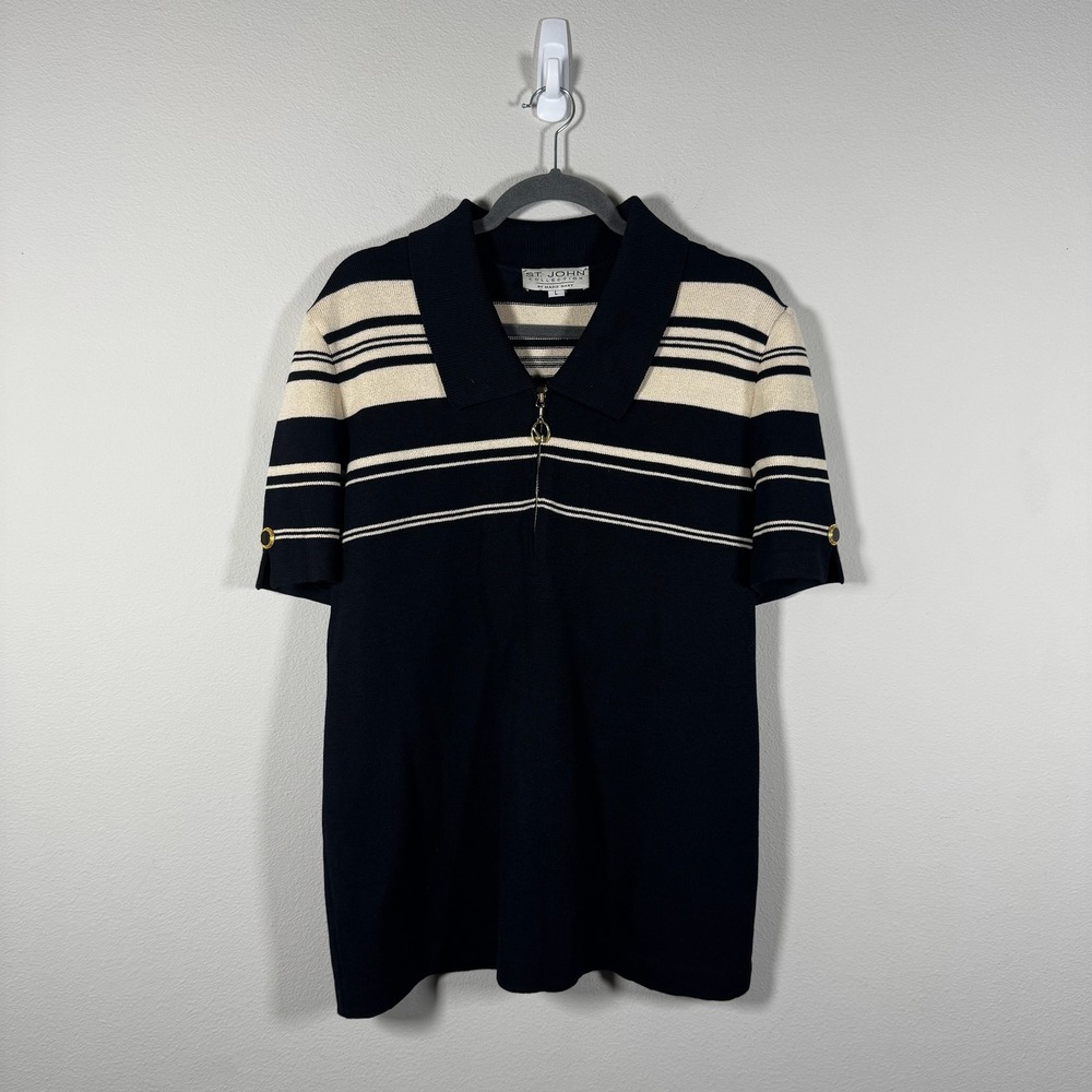 St John Collection Marie Gray Knit Polo Top Navy Cream Striped Zip Neck Large